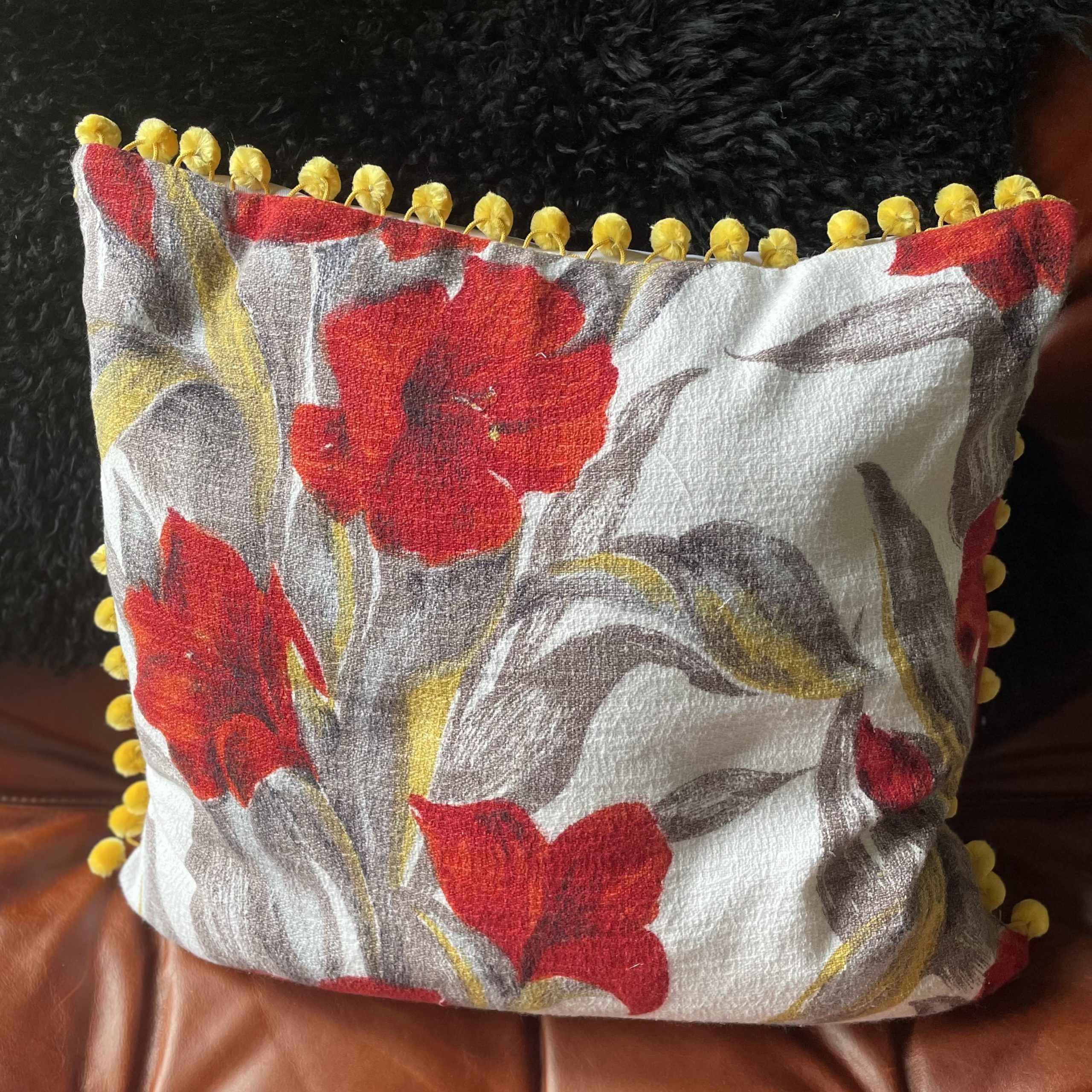 Red Floral Vintage Pompom Trim Cushion
