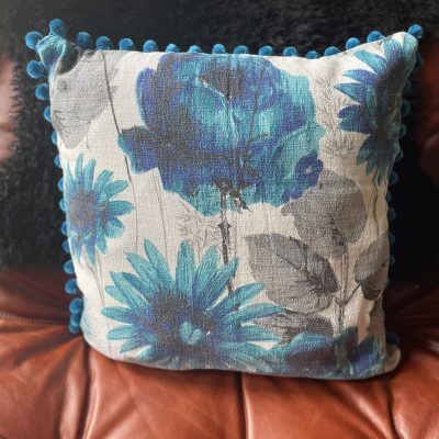 Blue Vintage Floral Pompom Cushion